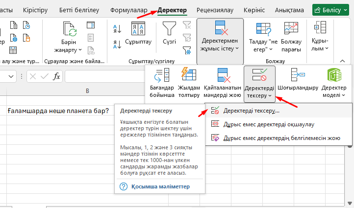 Data Validation терезесін ашу